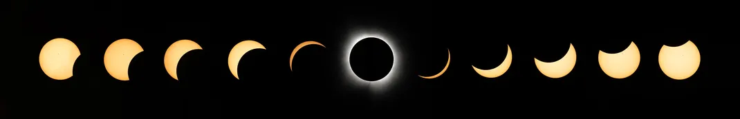 Eine Reihe von Bildern der Sonne zeigt von links nach rechts, wie der Mond zunehmend mehr und dann weniger der gelben Scheibe bedeckt. Im Zentrum steht die Totalität mit der zarten Korona