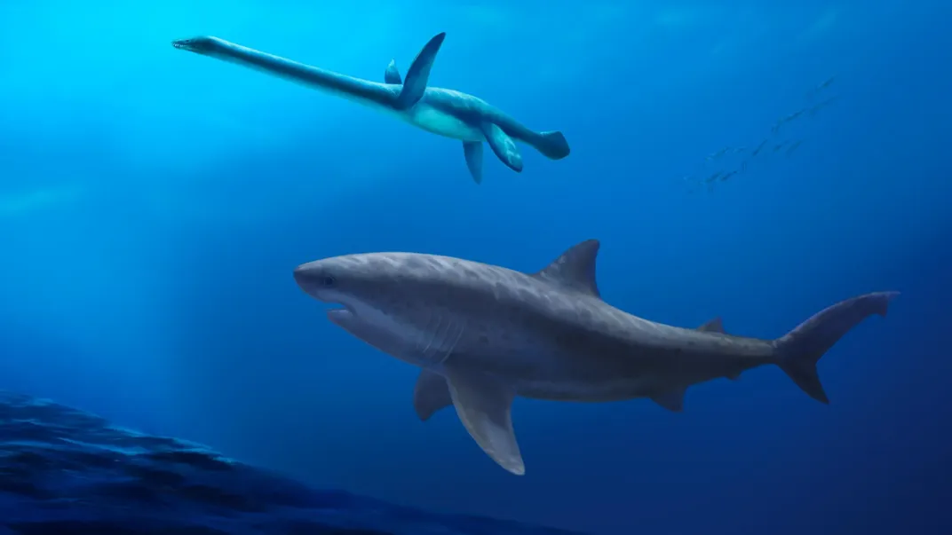 eine Illustration eines riesigen Hais, der mit einem großen Meeresreptil schwimmt
