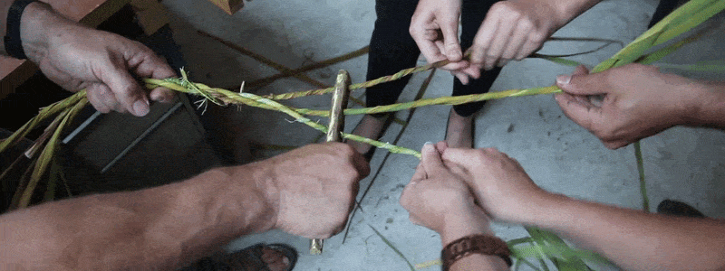 GIF von Händen, die zusammenarbeiten, um ein Seil aus Rohrkolbenfasern herzustellen